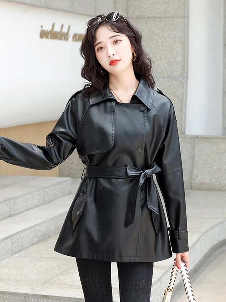 New Women Leather Trench Coat Spring Autumn Fashion Casual Long Sleeve Belt Short Sheepskin Coat All-Match Loose Outerwear