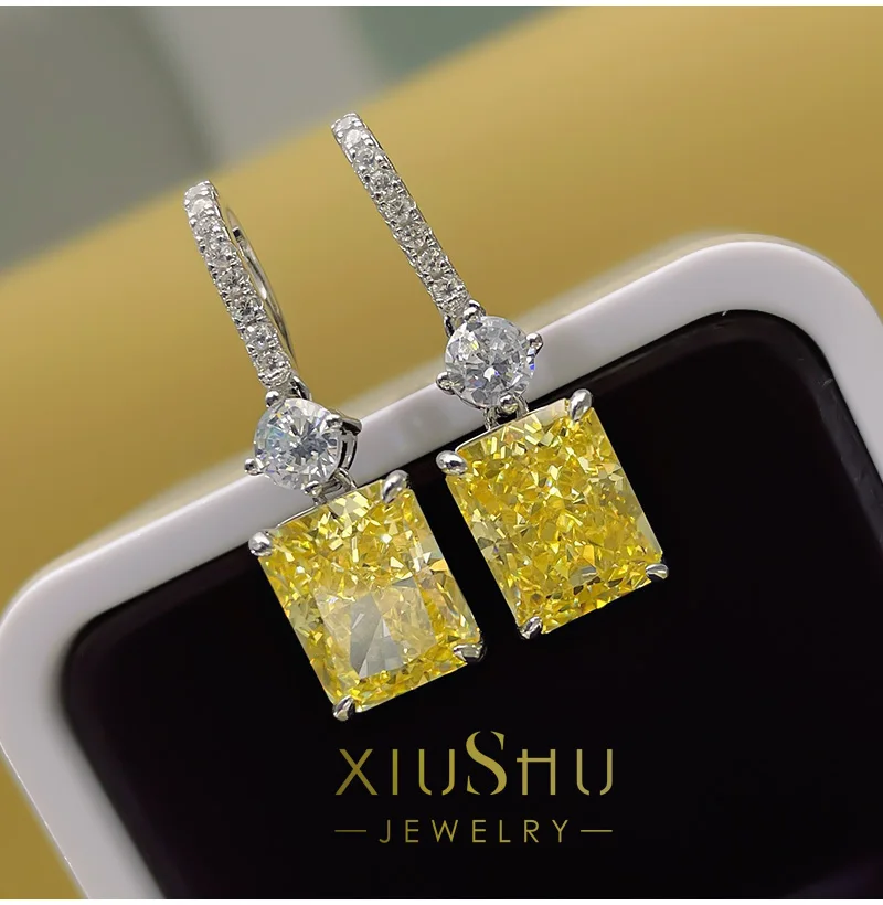 

High Set Rectangular Ear Hook Ear Nail Small Eardrop Imported High Carbon Diamond Technology Diamond 925 Sterling Silver Is Not