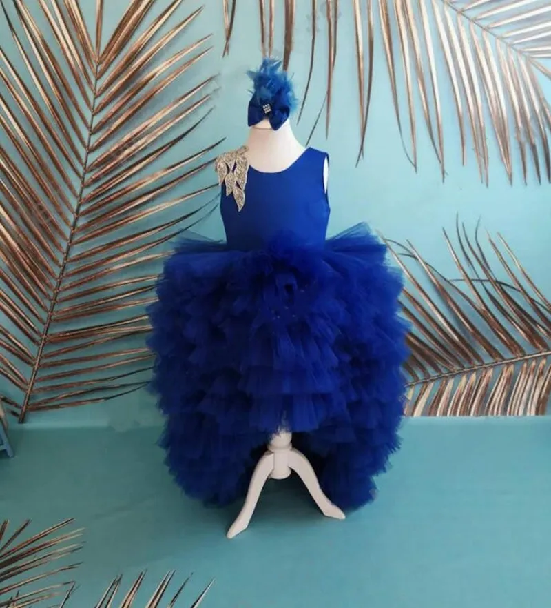 

New Royal Blue Girls Party Dresses Kid Wedding Dress Short Front Long Back O Neck Kids Birthday Pageant Gown