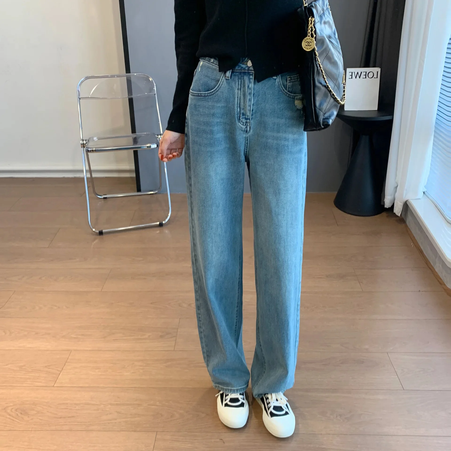 

Джинсы с завышенной талией и широкими штанинами женские летние тонкие 2023 новые небольшие прямые брюки свободные женские брюки