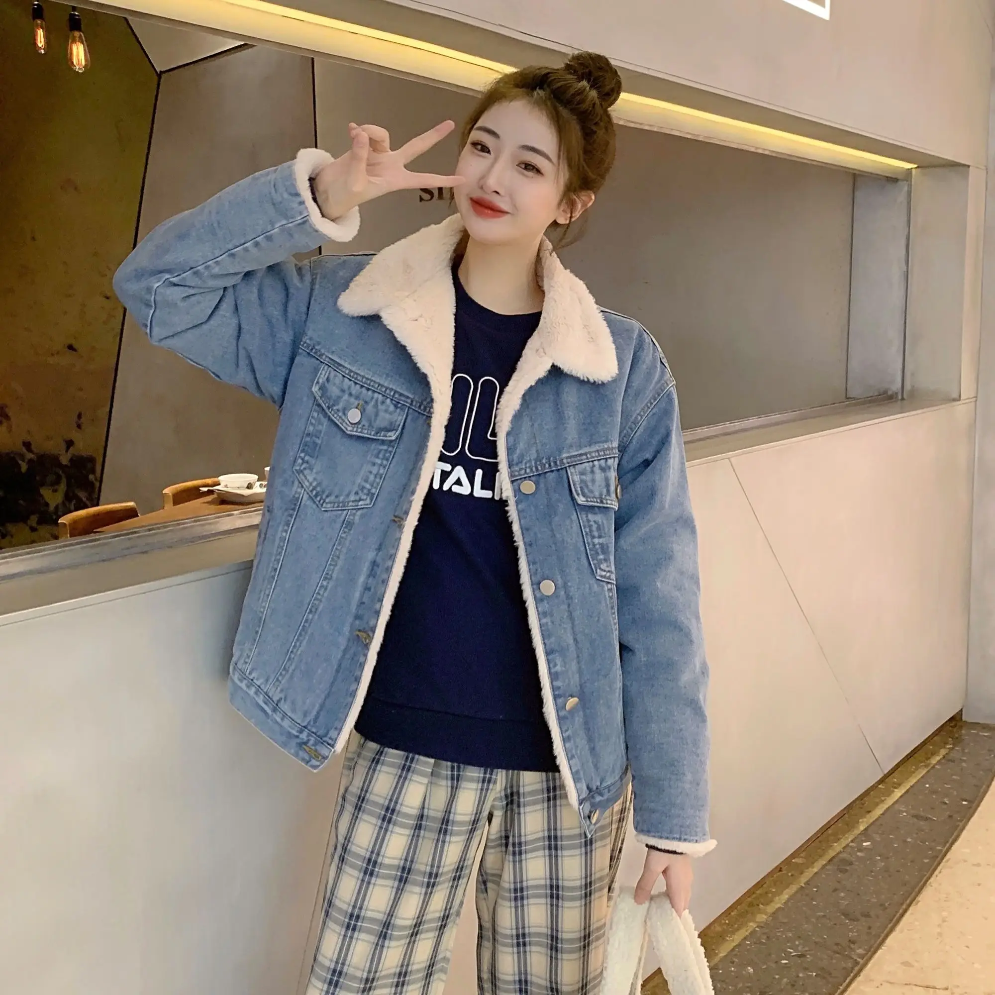 

New winter Korean version simple and versatile wool collar plush thickened denim cotton padded jacket women