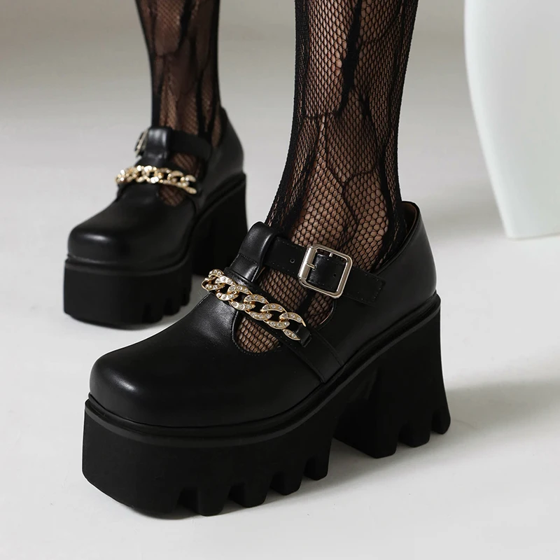 

Женские туфли с квадратным носком, высокий каблук, высокая платформа, квадратный каблук, цепочка, стразы, стиль панк, Уличная обувь с высокой талией