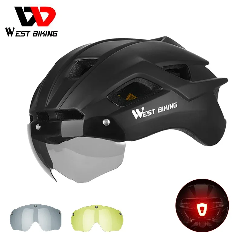 

WEST BIKING Bicycle Helmet With Tail Light MTB Cycling Men Women Goggles Road Bike Integrally-molded Equipment Safety Hat