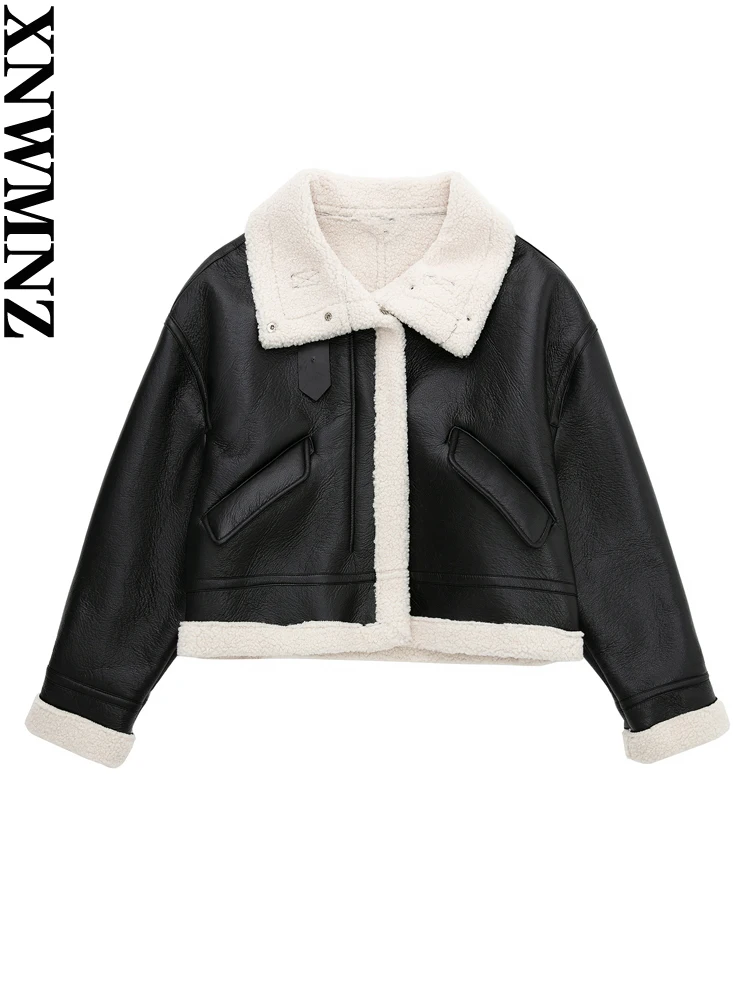 XNWMNZ 2022 Women Fashion Faux Fur Leather Fall/Winter Wram Jacket Coat Zipper Loose Coat Female Outerwear Chic Tops