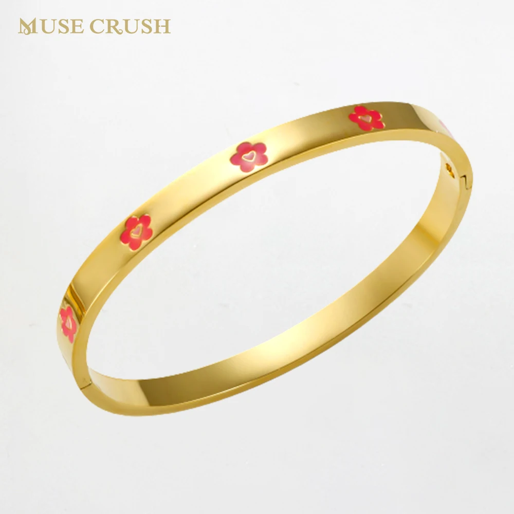 

Muse Crush Fashion Stainless Steel Enamel Flower Pattern Bracelet Bangle for Women Waterproof Bangles Fine Jewelry Wholesale