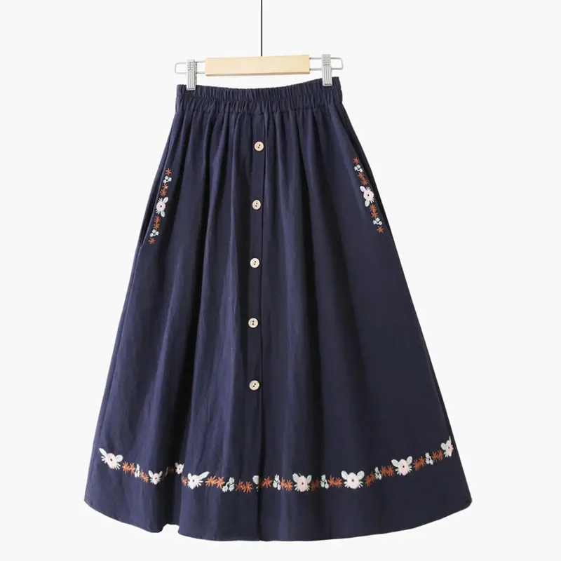 

2023 New Cotton Linen Skirts Female Summer vintage Embroidery Elastic Waist Skirts Womens Clothing A-line Skirt Faldas Aesthetic