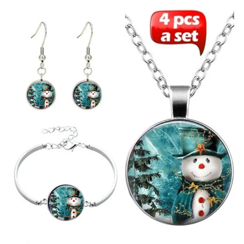 

LE Christmas Snowman Cabochon Glass Pendant Necklace Bracelet Bangle Earrings Jewelry Set 4Pcs Women Sweater Chain