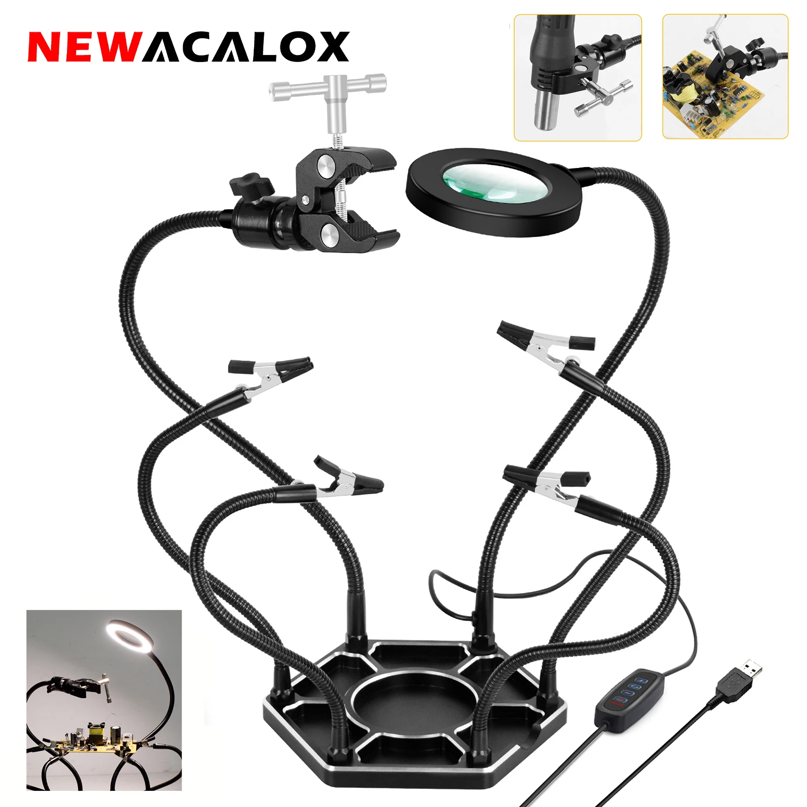 NEWACALOX Soldering Third Hand Tool Hot Air Gun Stand with Welding Tip Cleaning Ball 3X LED Illuminated Magnifier PCB Holder