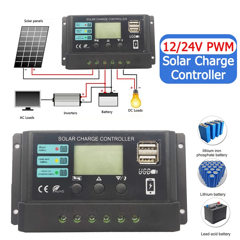 10A 20A 30A Solar Charge Controller 12V 24V Solar Panel PV Controller for Lifepo4 Lithium GEL Lead Acid Battery 24h Shipping