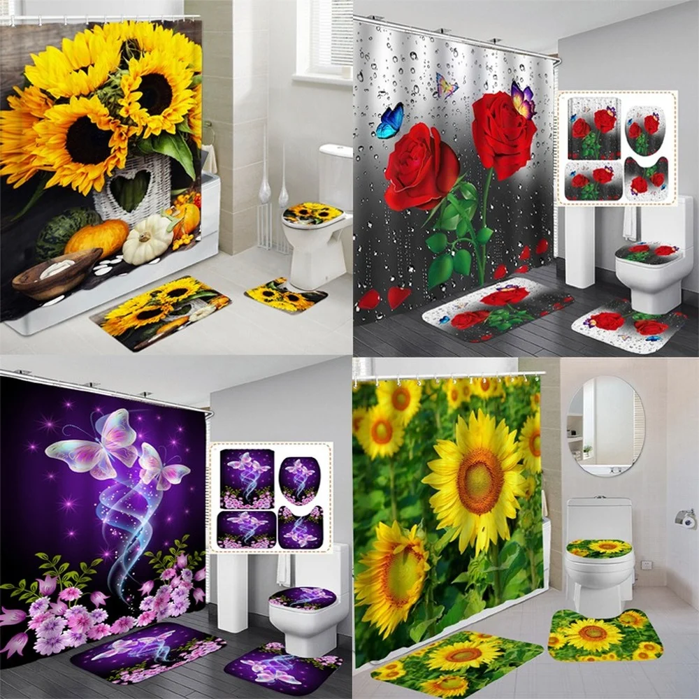 

Набор прочных водонепроницаемых занавесок для душа в современном стиле с цветами, чехол на сиденье унитаза, нескользящий коврик для ванной,...