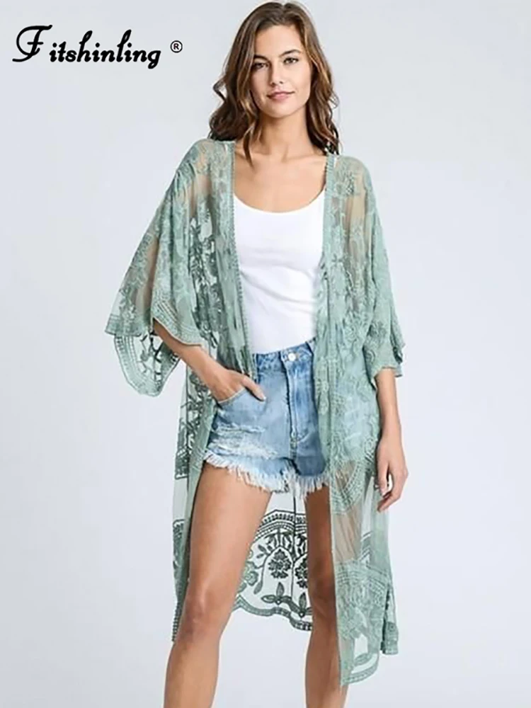 Fitshinling Flare Sleeve Lace Beach Kimono Swimwear BOHO Hollow Out Slim Sexy Cover-Up Bohemian Holiday Long Cardigans Women New