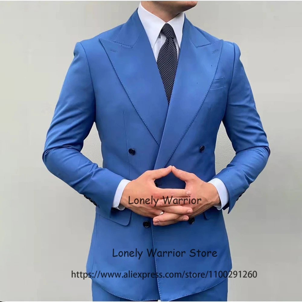 Fashion Blue Mens Suits Slim Fit Business Blazer Double Breasted Wedding Groom Tuxedos 2 Piece Set Terno Masculino Jacket Pants