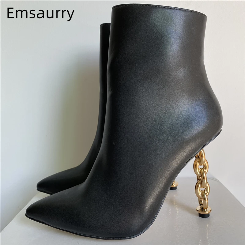 Женские ботинки из натуральной кожи, на необычном каблуке, с острым носком