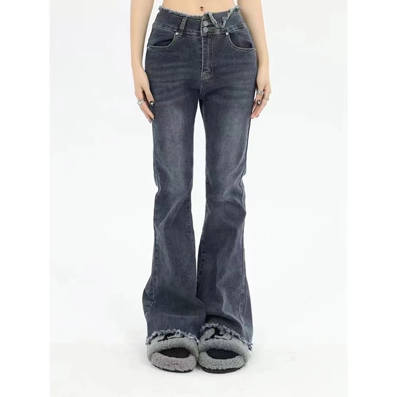 

Шикарные расклешенные джинсы в Корейском стиле, женские отбеленные облегающие модные эластичные хипстерские Ретро Элегантные уличные длинные джинсовые брюки для женщин