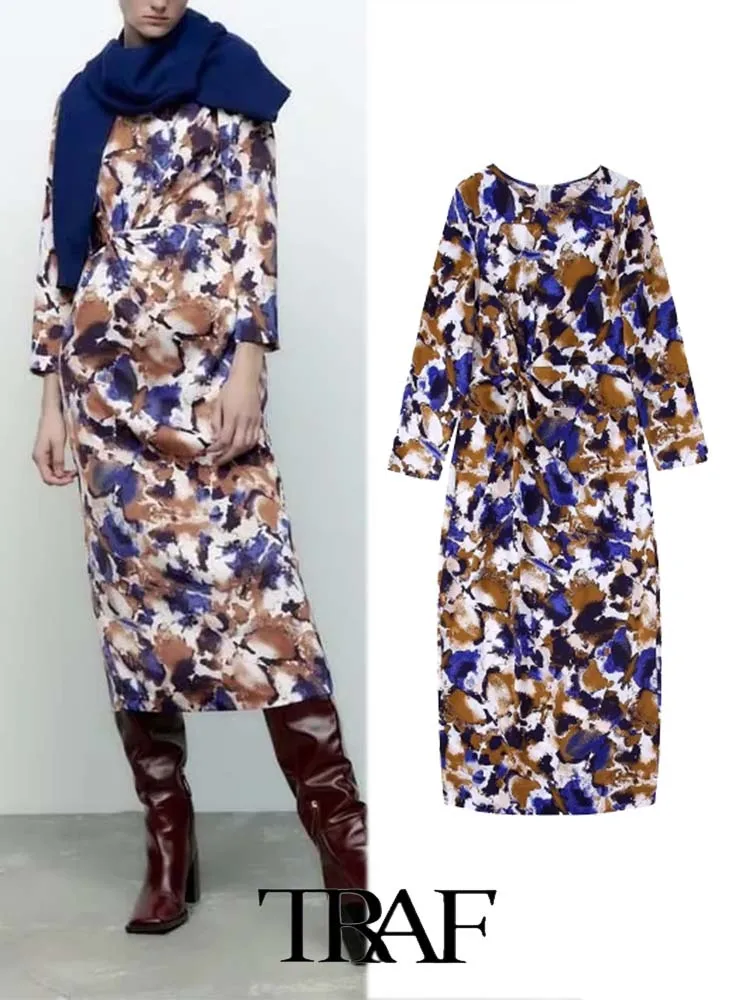 

TRAF 2022 Women Dress Vintage New Fashion Knot Printed Long Sleeve Round Neck Midi Dress Woman Office Lady Female Dress
