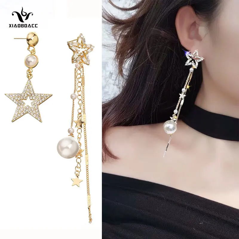 

XiaoboACC 925 Silver Needle Asymmetrical Star Earrings for Women Fashion Long Tassel Pentagram Pearl Earrings Jewelry