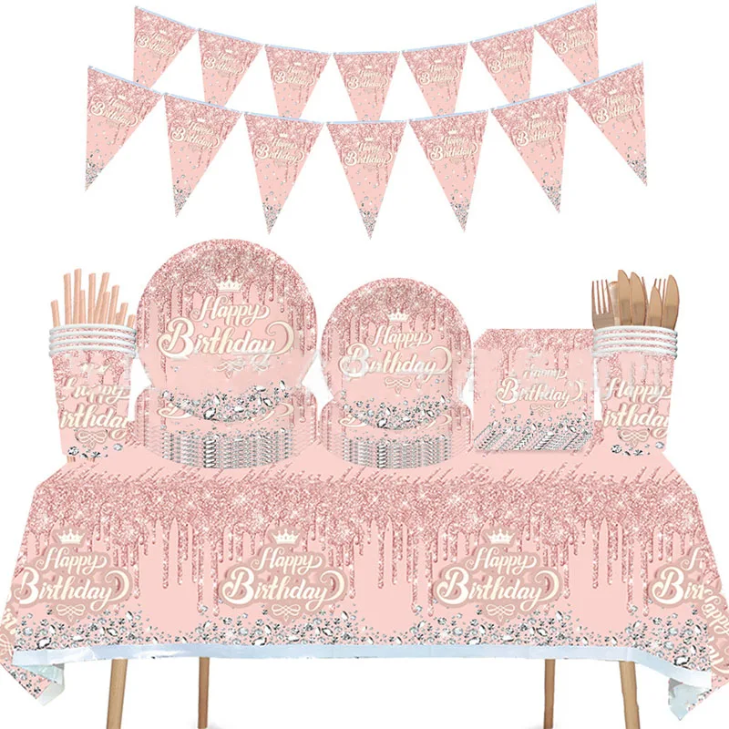 

Pink Diamond Theme Birthday Party Disposable Tableware Paper Plate Napkin Tablecloth Happy Birthday Party Decor Kid Adults Girl