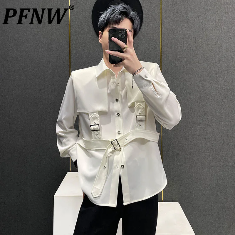 

Мужская рубашка с длинным рукавом и поясом PFNW, корейский модный нишевый дизайн, мужские пальто, однотонные Осенние Топы с наплечниками, новинка 2023, 28W1499