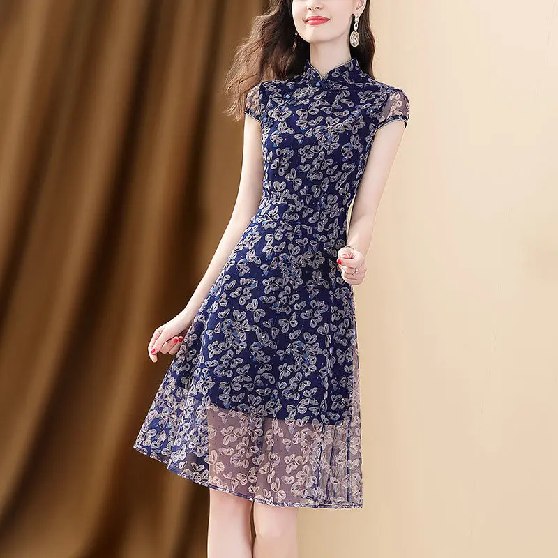 

Cheongsam improved dress summer 2022 new women's printed dress vintage plus size Sheath Casual Lace O-Neck