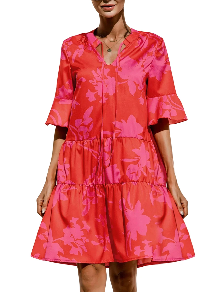 

Women V Neck Floral Print Dresses Y2K Beach Tops A Line Casual Dress Fashion Mini Party Dress Female Clothes Summer Streetwear