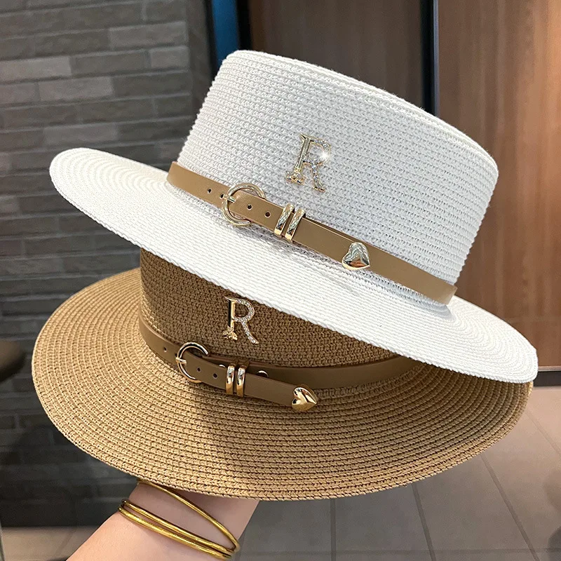 Sun hat R logo straw hat color belt accessories beach hat men's and women's hats flat top straw hat essential for summer travel