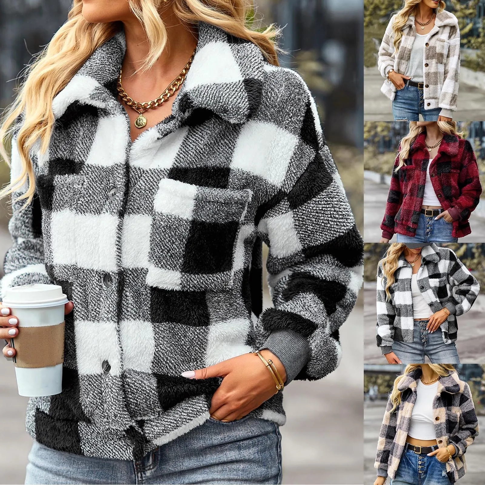 

Womens Casual Fleece Check Lapel Buttoned Long Sleeve Jacket Coat Winter Loose Top Women Knit Zipper Jacket