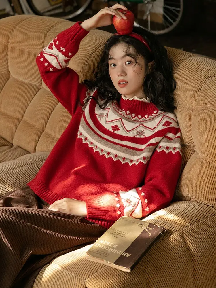 Новогодний и рождественский красный вязаный свитер женский зимний свободный топ