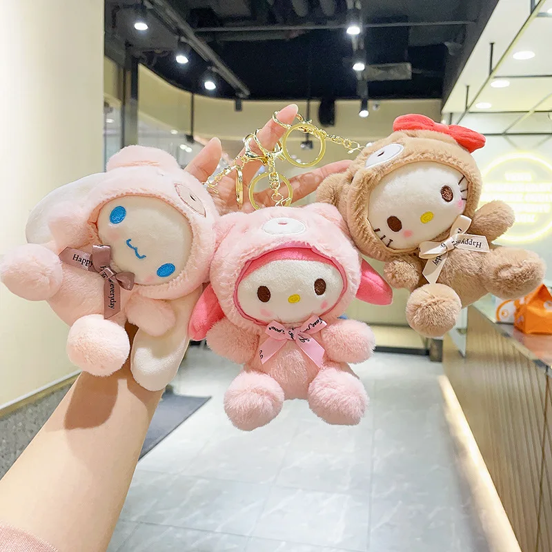 Kawaii Sanrioed Hello Kitty Plush Doll Anime Melody Cinnamoroll Pachacoo Cartoon Key Chain Car Backpack Pendant Keyring Toy Gift