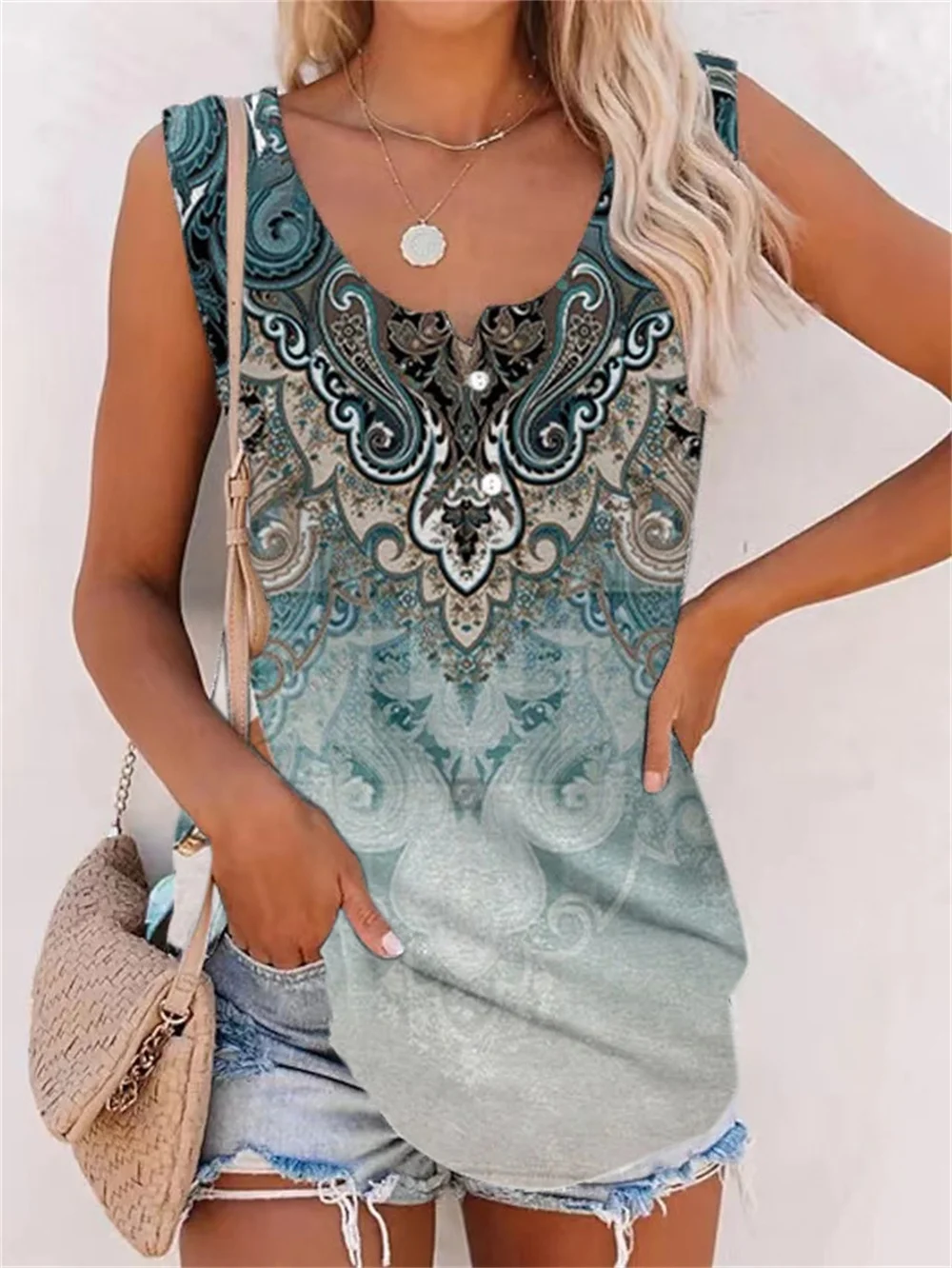 

New Women's Summer Loose Button Floral 3D Print O Neck Sleeveless T Shirt Tops Women's Casual Street Fashion Vest Street Wear