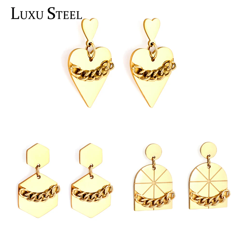 

LUXUSTEEL Punk Stainless Steel Cuban Link Chain Drop Earrings For Women Geometric Heart Shape Dangle Unusual Jewelry 2022 Trend