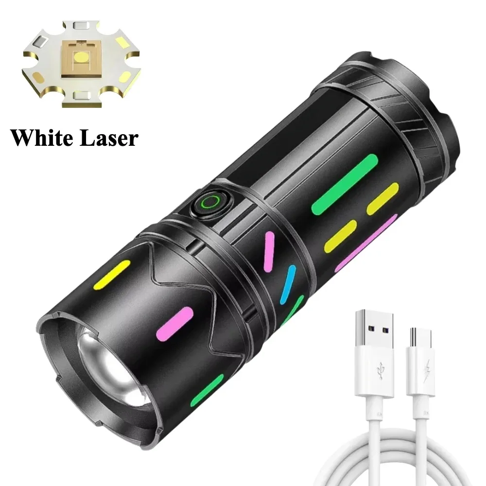 

Мощный белый лазерный фонарик со светящимися полосками, 3000-метровый зум, водонепроницаемый уличный ручной фонарь для кемпинга