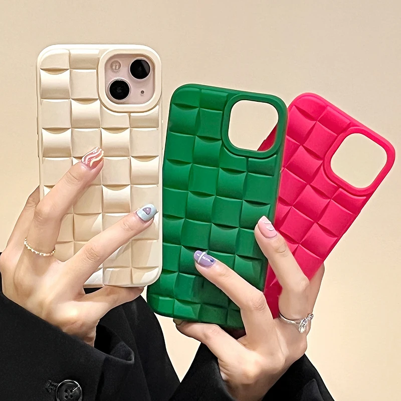 

Luxury Square Woven Pattern Silicone Phone Case For iPhone 11 12 13 14 Pro Max Plus XR X XS Solid Color Cube Bumper Soft Cover