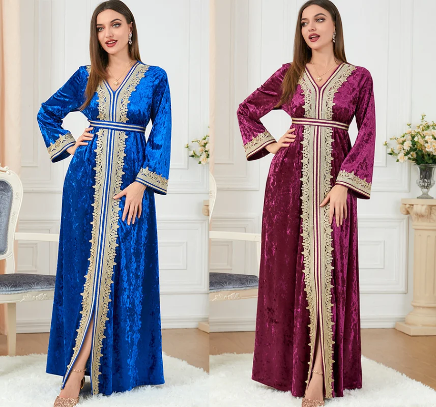 Ramadan Abaya Dubai Muslim Velvet Floral Embroidery Guipure Lace Panel Belted Kaftan Turkish Clothes Women Badka Islamic Dress