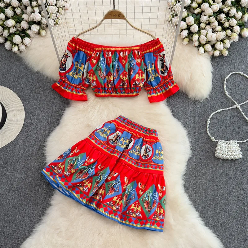 

Summer Women Boho Vintage Flowers Skirts Sets Female Ladies Vest Beach Holiday Vestidos Outfits Suits