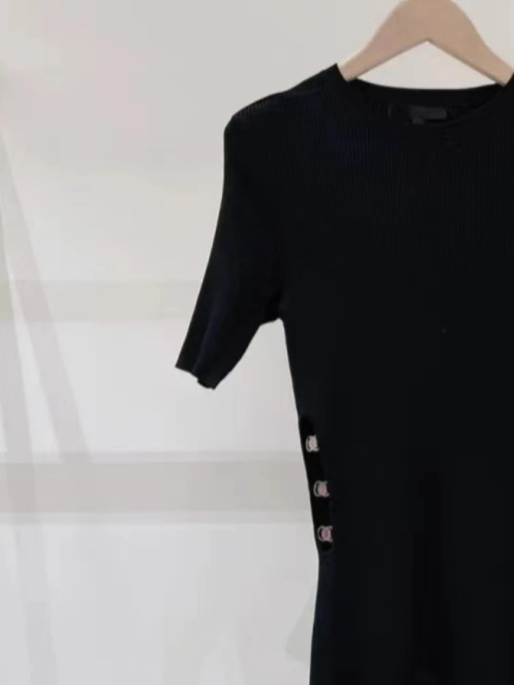 2023 Spring Summer Black Knit Maxi Dress Vintage Side Edge Metal Trim Hollowed Out Design Elegant Slim Knitted Dresses Vestidos