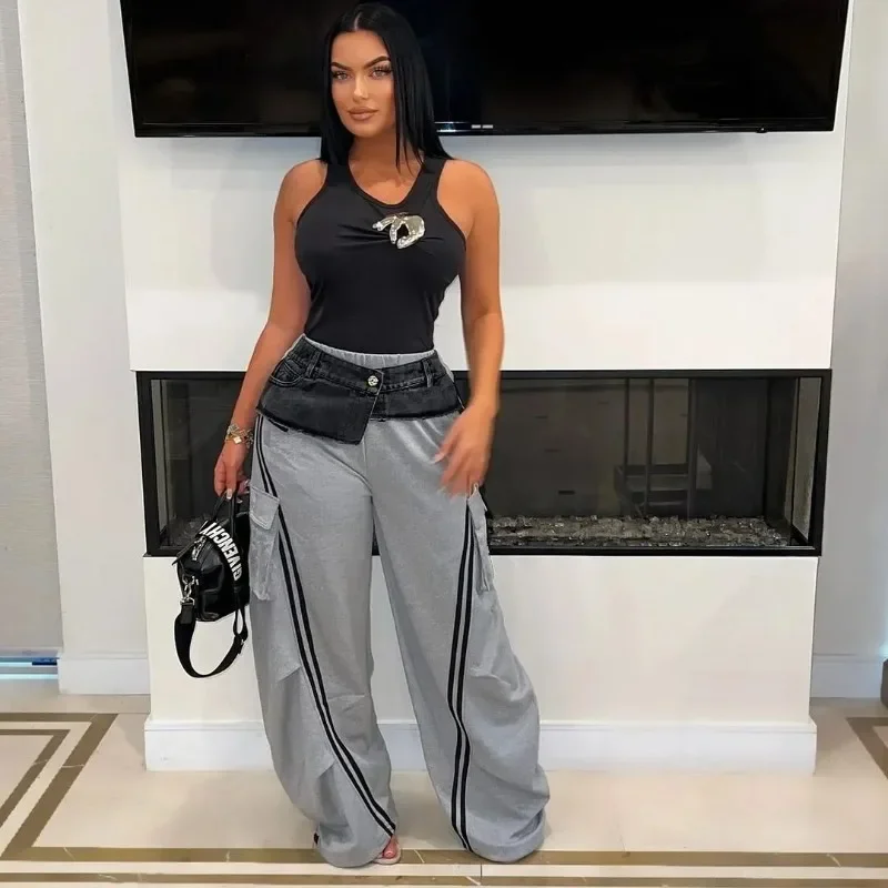 Джинсовые лоскутные полосатые широкие спортивные штаны женские модные прямые