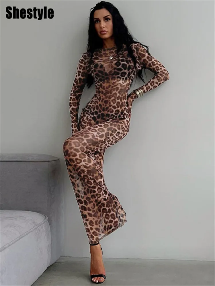 Женское леопардовое длинное платье-карандаш Shestyle с длинным рукавом и круглым