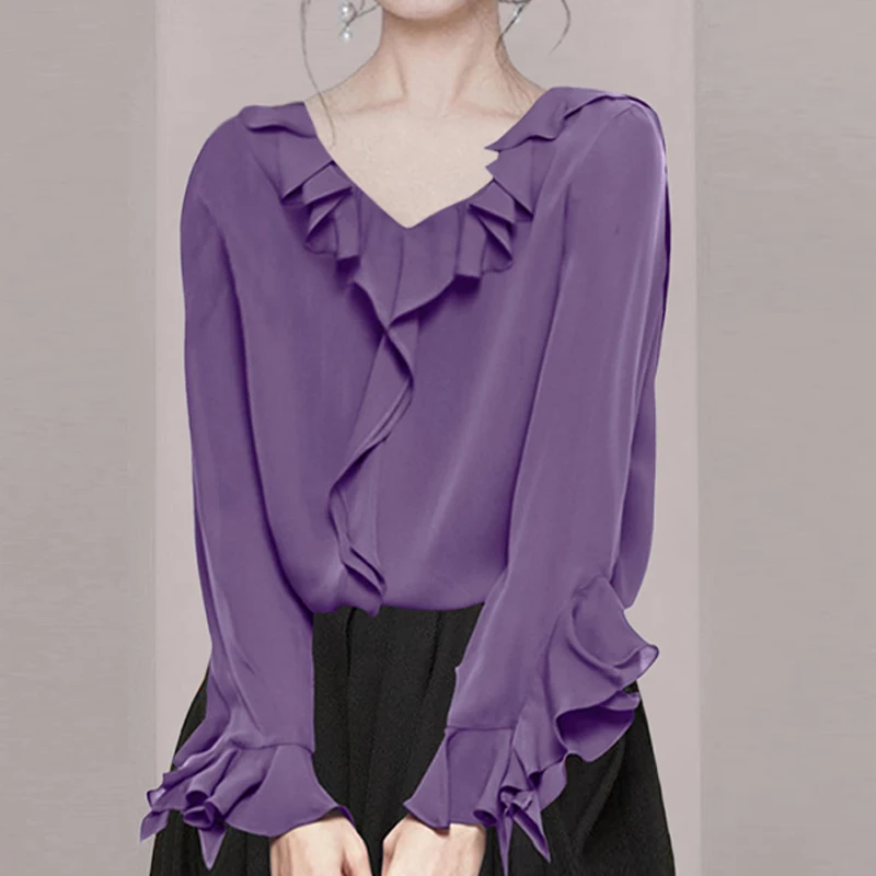 

Шифоновая рубашка для женщин, летняя однотонная блузка с оборками, модный Свободный Топ в Корейском стиле с длинным рукавом и V-образным выр...
