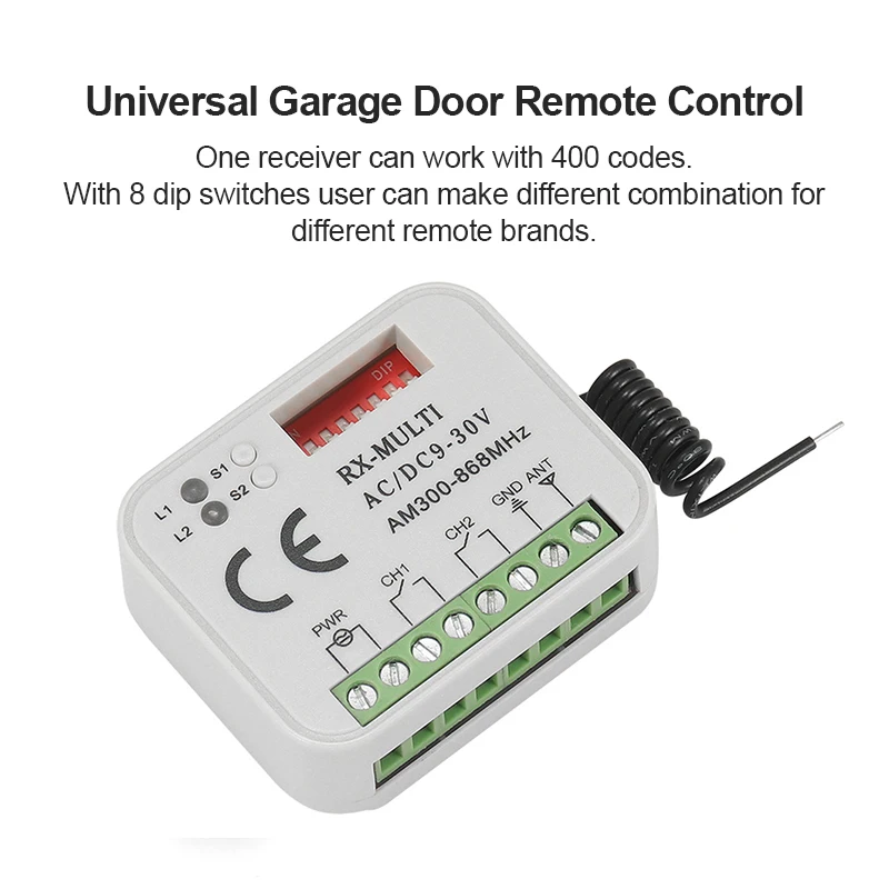 

Universal 2 channel Gate Garage Door remote control receiver 433MHZ fixed code and Rolling Code Receiver Remote control switch