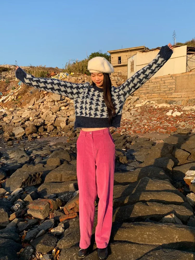 

ZAA осень 2022 новинка Женская мода Ретро Повседневный клетчатый вязаный короткий шикарный Универсальный пуловер с круглым вырезом свитер с д...