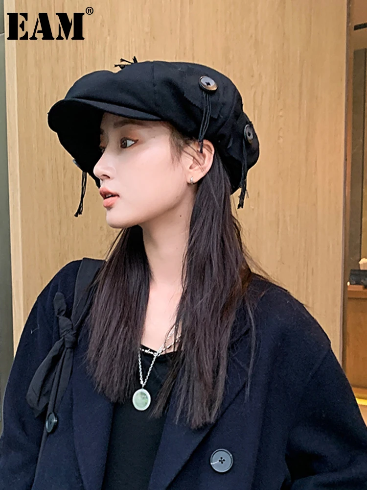 

[EAM] Women Button Tassels Big Fishermen Hat New Round Dome Temperament Fashion Tide All-match Spring Autumn 2022 1DE8137