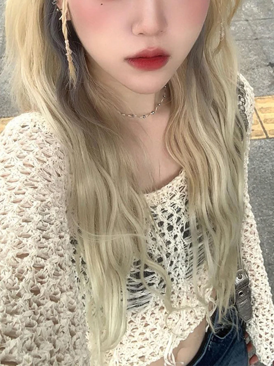 

Women s Long Sleeved Knitted Cardigan with Lace Up Hollowed Out Solid Color Spring Autumn Daily Casual Sweater