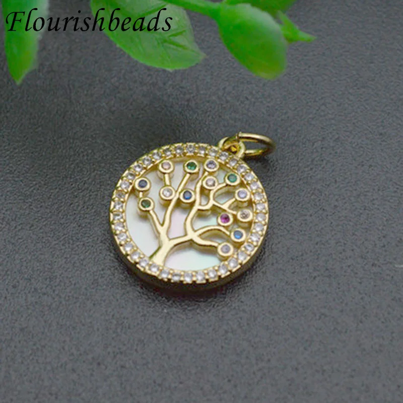 10pc/lot Wholesale Gold Plated Natural Rainbow White CZ Pave Copper Round Life Tree Mother of Pearl MOP Shell Charms Pendants