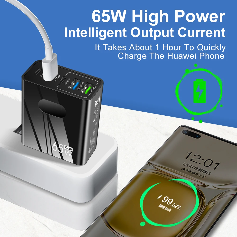 65W GaN Charger USB Muti Plug PD 25W Fast Charging Mobile Phone Adapter Quick Charge 3.0 Wall Charger For iPhone Samsung Xiaomi