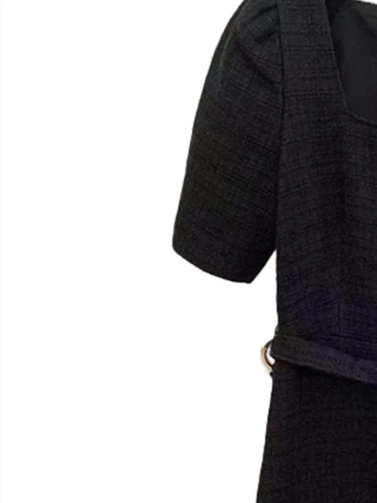 

Women Tweed Short Sleeve Square Collar A-Line Simple Autumn Winter Mini Dress with Sashes