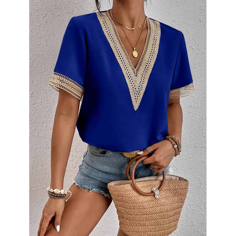 

Women Top Embroidery Hollow Out V-neck T-shirt Summer Short Sleeve Simple Solid Fahsion Pullovers Female Clothes