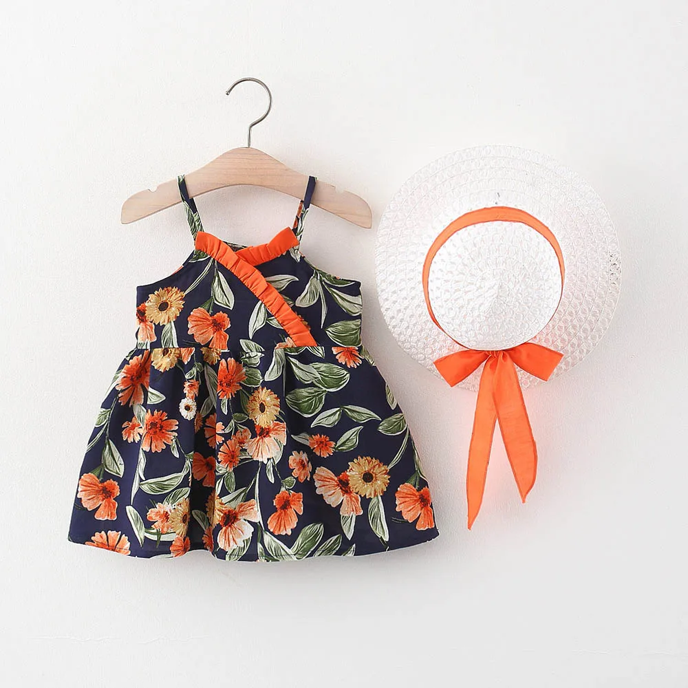 

Menoea Girl Dress Outfits 2022 Summer Outfits Newborn Baby Girls Clothes Flowers Print Princess Beach Dresses + Sunhat Vestidos