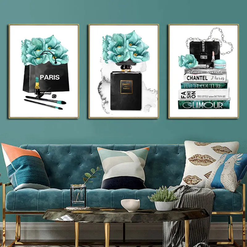

Blue Green Fashion Pari Perfume Cosmetic Poster Prints Nordic Heels Flower Canvas Painting Girl Room Home Decor Wall Art Picture