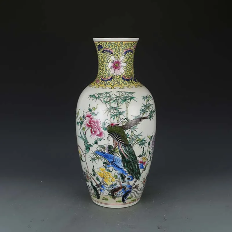 

Large Ceramic Floor Vase Yellow Colorful Peacock Qing Dynasty Royal King Vase Antique Vase Vintage Tall 17 Inch Office Museum