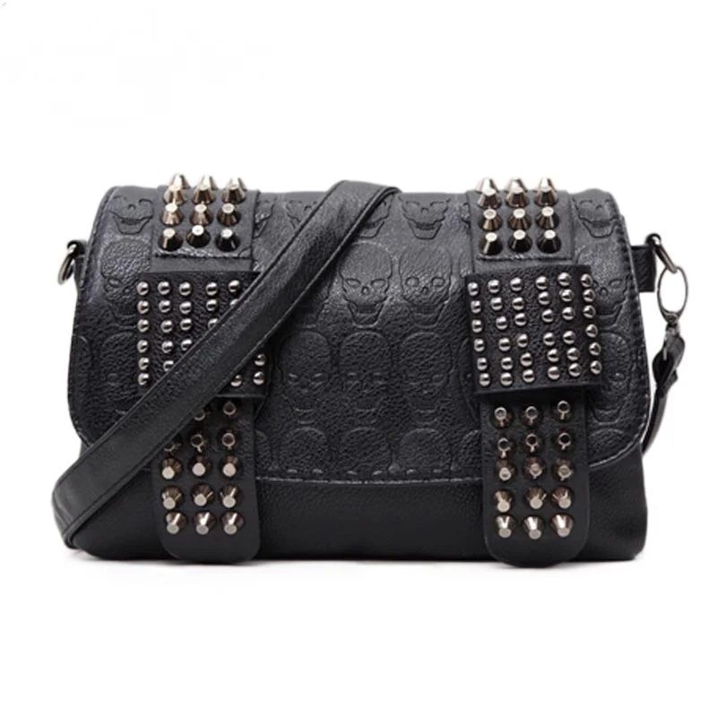 

Women Black Leather Messenger Bags Fashion Vintage Messenger Cool Skull Rivets Shoulder Bags sac a main bolsa